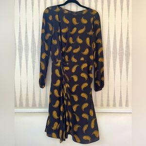 Massimo Dutti Midi Dress. Dark grey/brown with mustard paisley pattern.